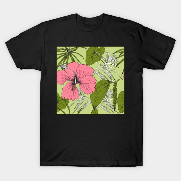 Tropical exotic flowers and leaves T-Shirt by Olga Berlet